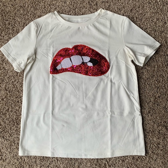Tops - Cotton White Tee with Sequined Lips Appliqué